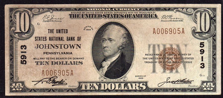 Johnstown, PA, Ch.#5913, 1929T1 $10, United States National Bank, VF, A006905A